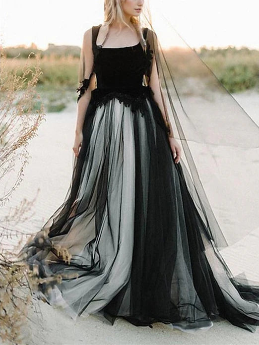 Wholesale A-Line/Princess Beach Wedding Dress Square Neck Spaghetti Strap Sleeveless With Appliques